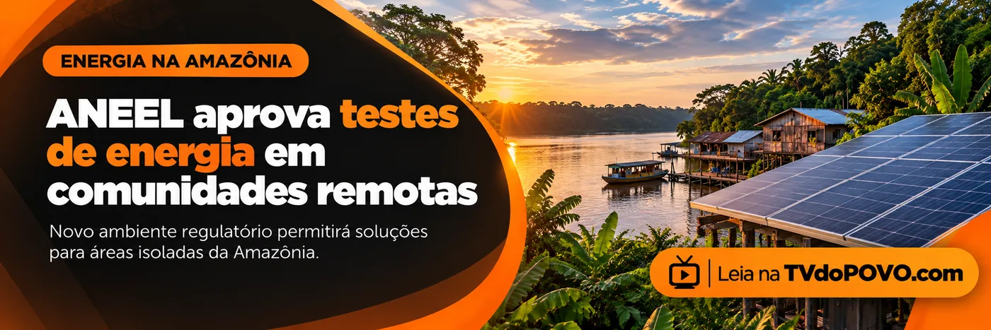 Faixa ilustrativa da TVdoPOVO sobre Energias da Floresta, com comunidade amazônica, energia solar e assinatura Leia na TVdoPOVO.com