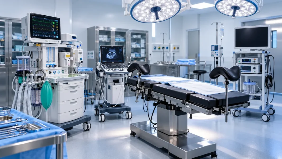 Mãe Esperança recebe quatro equipamentos cirúrgicos Sala cirúrgica ilustrativa com equipamentos hospitalares e mesa de procedimentos, usada na matéria sobre novos aparelhos para a Maternidade Mãe Esperança.