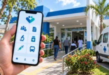 Buritis libera eSaúde Cidadão para acompanhar fila e exames Imagem ilustrativa de celular com ícones de serviços de saúde diante de unidade de atendimento, em matéria sobre o eSaúde Cidadão em Buritis