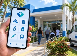Buritis libera eSaúde Cidadão para acompanhar fila e exames Imagem ilustrativa de celular com ícones de serviços de saúde diante de unidade de atendimento, em matéria sobre o eSaúde Cidadão em Buritis