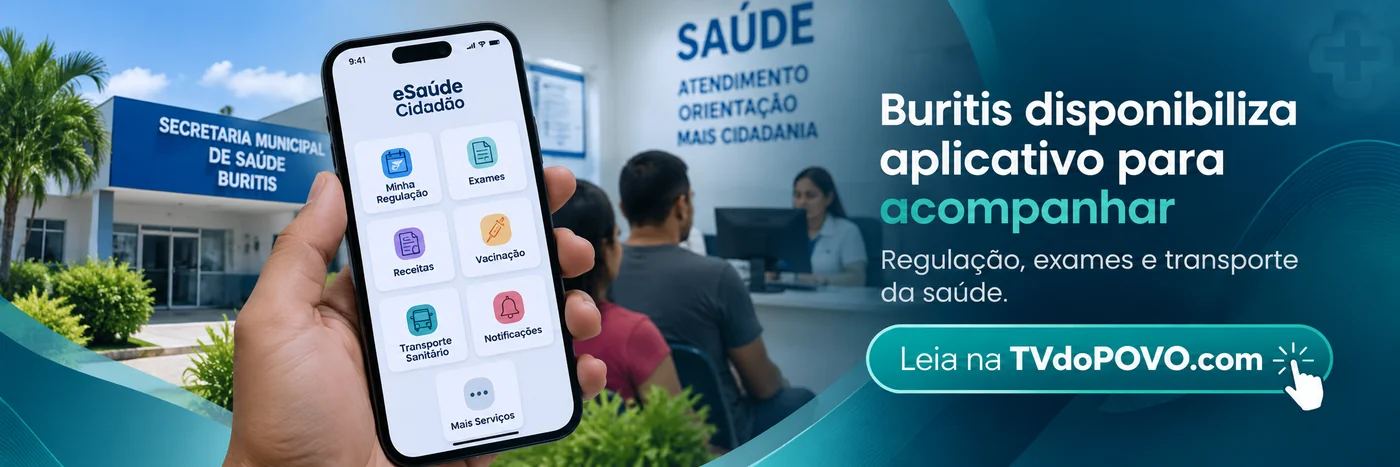 Faixa ilustrativa sobre o eSaúde Cidadão em Buritis com Regulação, exames e Transporte Sanitário