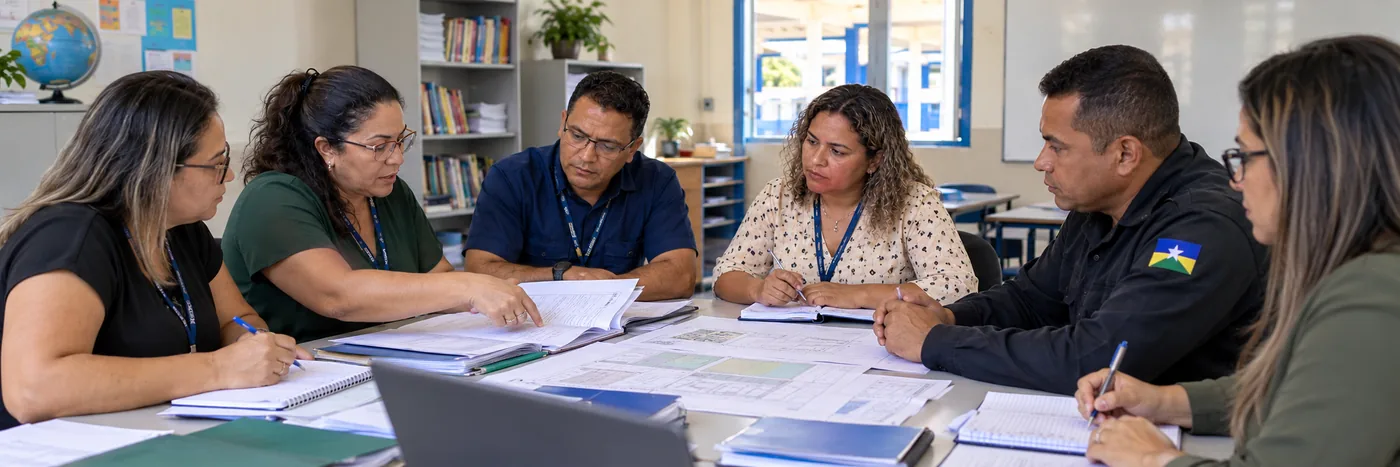 Planejamento da escola cívico-militar em Porto Velho Profissionais analisam planejamento de escola cívico-militar em Porto Velho em ambiente escolar