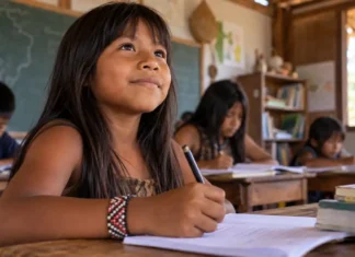 Escola indígena Txuhūikoro Berowa é oficializada em Parecis Estudante indígena em sala de aula representa escola indígena oficializada em Parecis