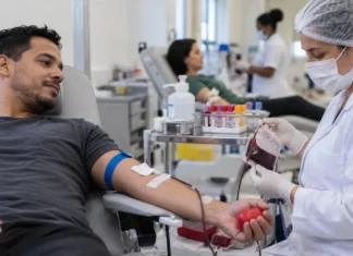 Fhemeron alerta para estoque crítico de sangue e reforça doações em Rondônia Doador de sangue acompanhado por profissional de saúde em matéria sobre estoque de sangue em Rondônia