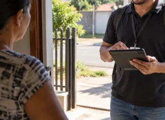 CRAS de Rolim alerta para visitas suspeitas com pedido de reconhecimento facial Moradora conversa com visitante usando tablet em alerta sobre falso CRAS em Rolim de Moura