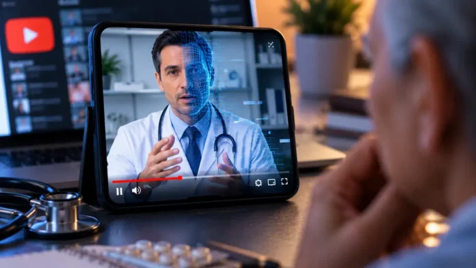 Tela exibe avatar de médico gerado por inteligência artificial em vídeo sobre saúde