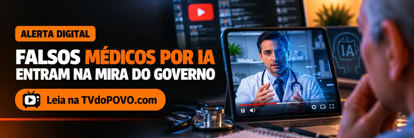 Falsos médicos por IA — desinformação em vídeos de saúde Faixa editorial sobre falsos médicos por IA em vídeos de saúde