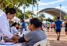 Feira de saúde gratuita será neste domingo no Espaço Alternativo Ilustração de profissional aferindo a pressão de uma mulher em feira de saúde ao ar livre, com tendas e pessoas ao fundo