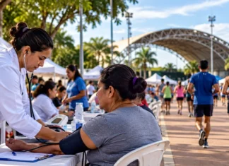 Feira de saúde gratuita será neste domingo no Espaço Alternativo Ilustração de profissional aferindo a pressão de uma mulher em feira de saúde ao ar livre, com tendas e pessoas ao fundo