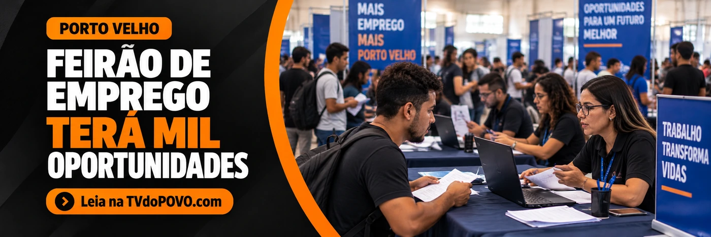 Feirão de Emprego Porto Velho: arte ilustrativa com candidatos e recrutadores e assinatura Leia na TVdoPOVO.com