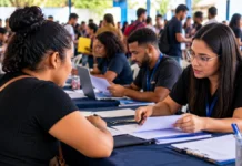 Feirão do Emprego reúne mais de 100 empresas hoje em Porto Velho Imagem ilustrativa de atendimento em feira de empregos, com candidata entregando documentos a recrutadora em ambiente movimentado.