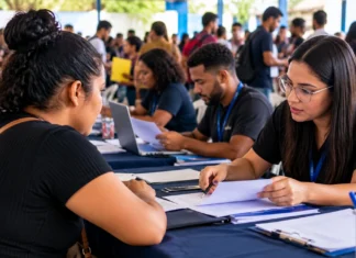 Feirão do Emprego reúne mais de 100 empresas hoje em Porto Velho Imagem ilustrativa de atendimento em feira de empregos, com candidata entregando documentos a recrutadora em ambiente movimentado.