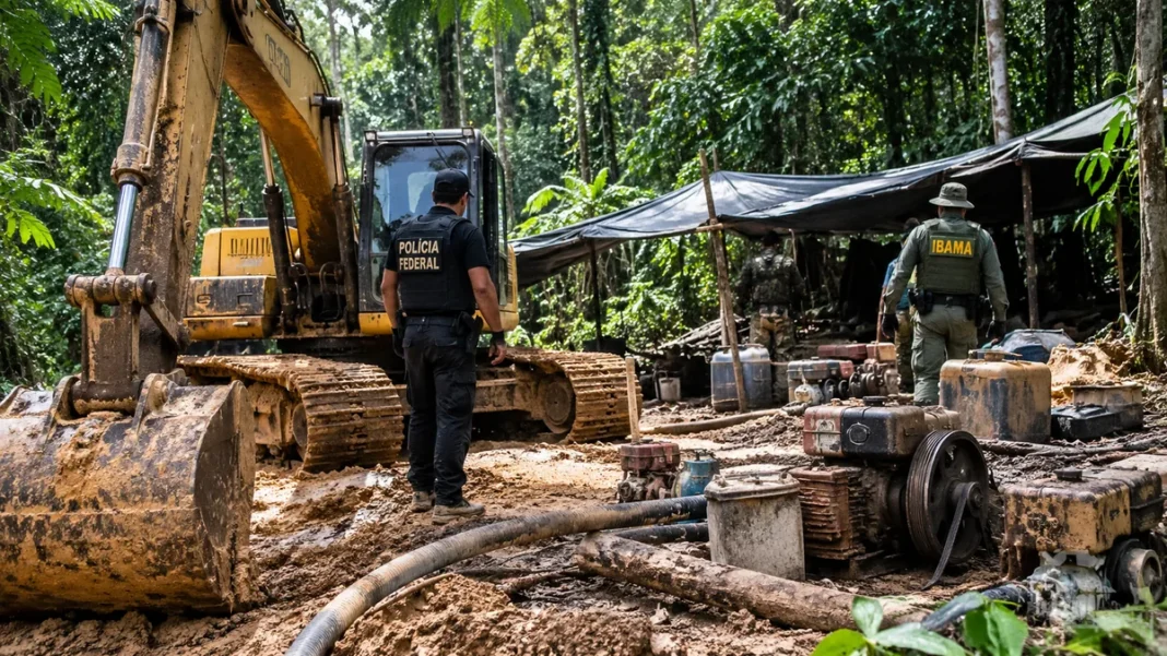 Garimpo ilegal em Rondônia — operação da PF e do Ibama Garimpo ilegal em Rondônia com escavadeira, equipamentos e agentes da PF e do Ibama em área de floresta