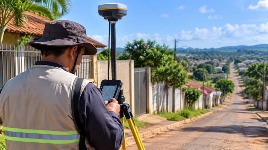 Georreferenciamento em Monte Negro: levantamento de imóveis em três setores Ilustração de técnico utilizando equipamento GNSS em rua residencial para representar o georreferenciamento em Monte Negro