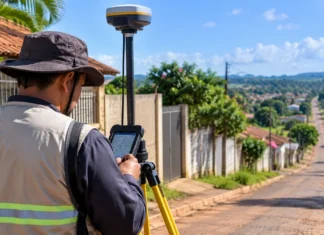 Monte Negro faz georreferenciamento em três setores para regularização fundiária Ilustração de técnico utilizando equipamento GNSS em rua residencial para representar o georreferenciamento em Monte Negro