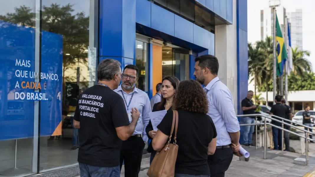 Greve da Caixa em Rondônia com bancários reunidos diante de agência em Porto Velho antes da paralisação