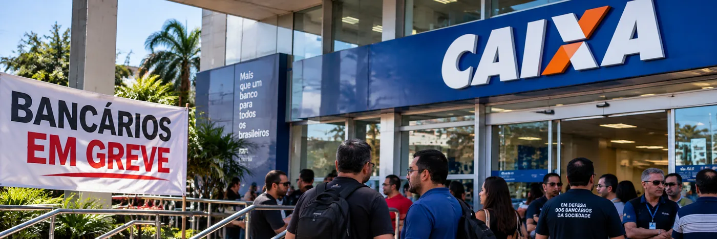 Bancários em mobilização diante de agência da Caixa durante impasse sobre greve em Rondônia