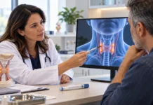 Anvisa registra novo medicamento para hipoparatireoidismo crônico Imagem ilustrativa de consulta médica sobre tireoide e paratireoide, com profissional de saúde, modelo anatômico e monitor clínico.