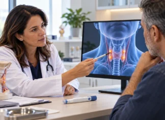 Anvisa registra novo medicamento para hipoparatireoidismo crônico Imagem ilustrativa de consulta médica sobre tireoide e paratireoide, com profissional de saúde, modelo anatômico e monitor clínico.