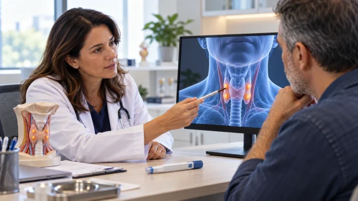 Imagem ilustrativa de consulta médica sobre tireoide e paratireoide, com profissional de saúde, modelo anatômico e monitor clínico.