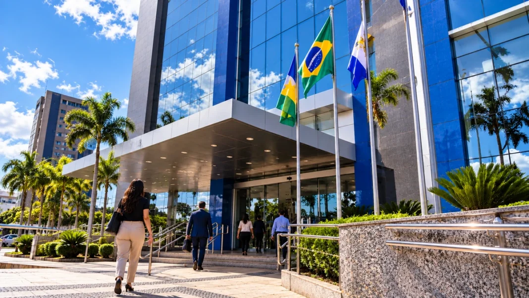 Horário da Justiça Federal muda em Rondônia Prédio da Justiça Federal em Rondônia com pessoas chegando à entrada principal