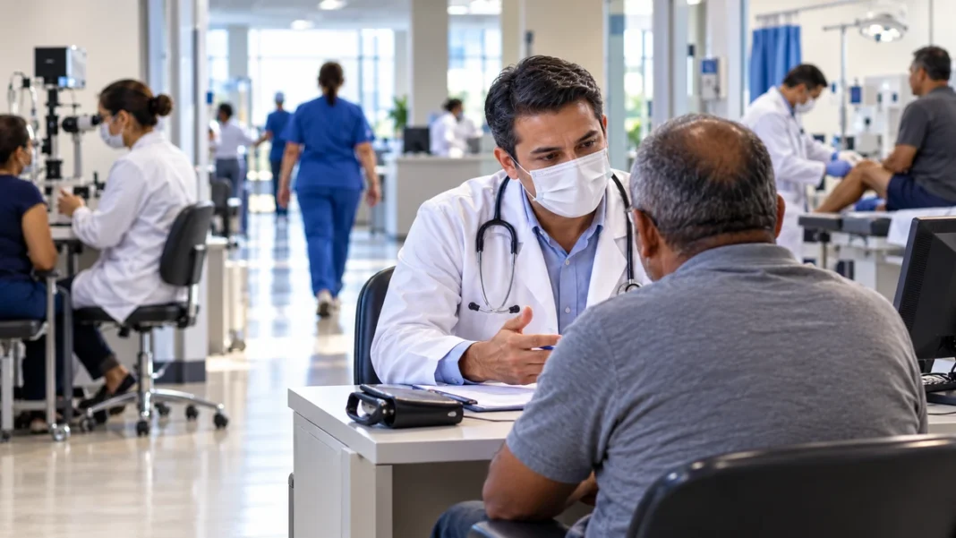 Imagem ilustrativa de consulta médica em hospital de grande porte, com profissional de saúde atendendo paciente em ambiente clínico movimentado.