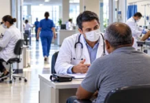 Hospital Universitário de Porto Velho tem atendimentos programados nesta segunda Imagem ilustrativa de consulta médica em hospital de grande porte, com profissional de saúde atendendo paciente em ambiente clínico movimentado.