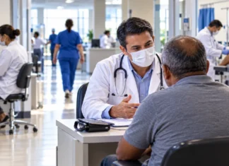 Hospital Universitário de Porto Velho tem atendimentos programados nesta segunda Imagem ilustrativa de consulta médica em hospital de grande porte, com profissional de saúde atendendo paciente em ambiente clínico movimentado.