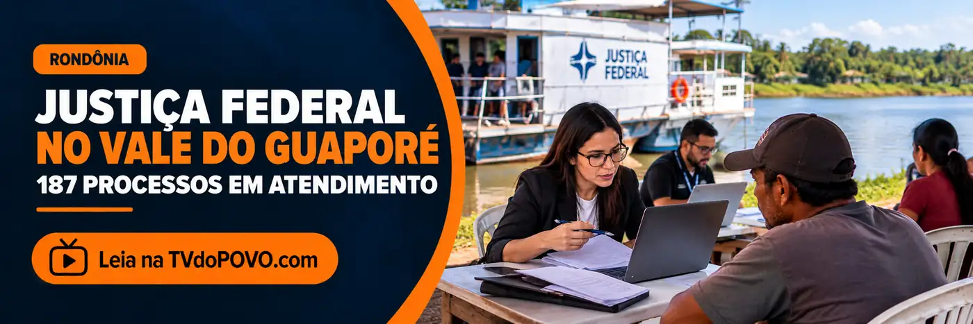 Justiça Federal no Vale do Guaporé — ação itinerante Faixa editorial sobre Justiça Federal no Vale do Guaporé e atendimento itinerante em Rondônia