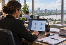 Porto Velho muda regras de licenciamento; plataforma é prevista para outubro Imagem ilustrativa de profissional em escritório com notebook exibindo sistema digital e vista de Porto Velho ao fundo