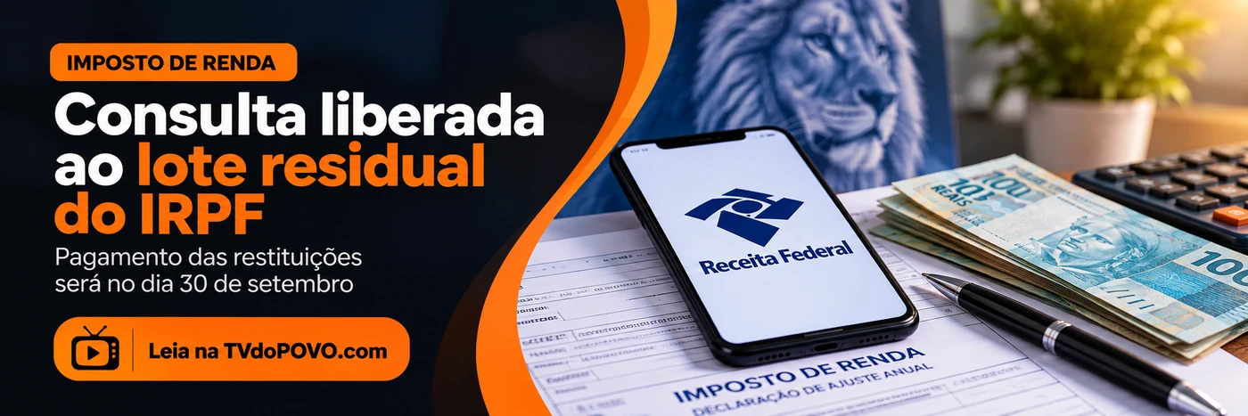 Consulta ao lote residual do IRPF — setembro de 2026 Faixa da TVdoPOVO sobre consulta ao lote residual do IRPF, com documentos fiscais, dinheiro, celular ilustrativo e assinatura Leia na TVdoPOVO.com.