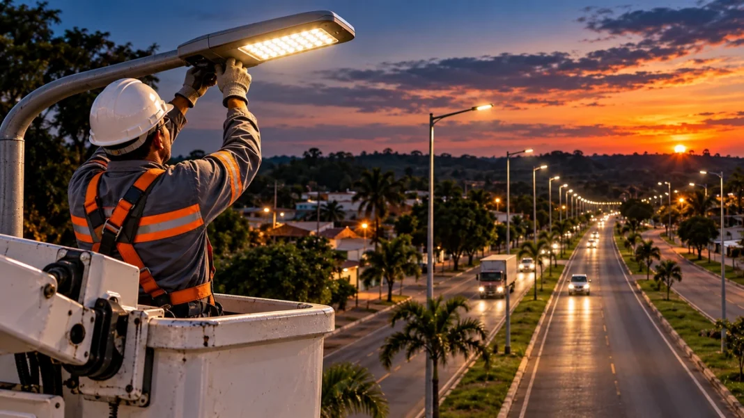 Imagem ilustrativa de técnico ajustando luminária LED ao entardecer em rodovia; a cena não registra serviços executados na BR-429