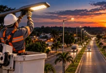 Seringueiras abre pregão de R$ 301 mil para luminárias da BR-429 Imagem ilustrativa de técnico ajustando luminária LED ao entardecer em rodovia; a cena não registra serviços executados na BR-429