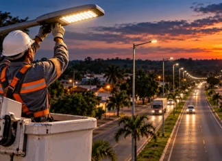 Seringueiras abre pregão de R$ 301 mil para luminárias da BR-429 Imagem ilustrativa de técnico ajustando luminária LED ao entardecer em rodovia; a cena não registra serviços executados na BR-429