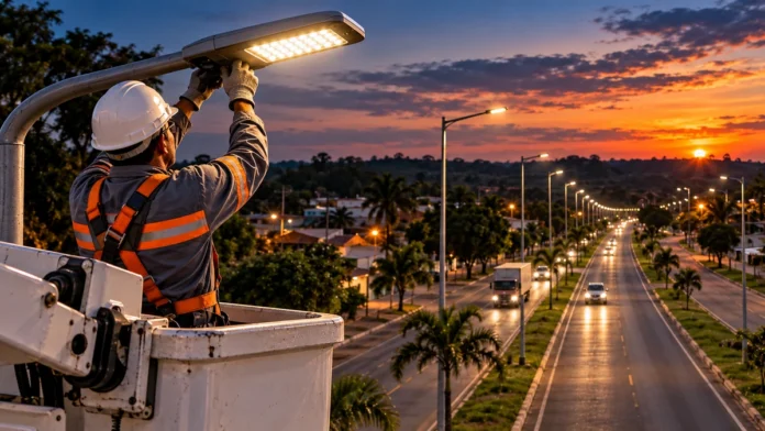 Luminárias da BR-429: Seringueiras abre pregão para futura aquisição Imagem ilustrativa de técnico ajustando luminária LED ao entardecer em rodovia; a cena não registra serviços executados na BR-429