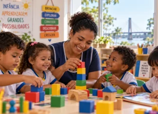 Porto Velho mantém credenciamento de escolas no Mais Educação Infantil Mais Educação Infantil em Porto Velho com professora e crianças em atividade pedagógica
