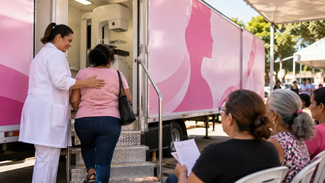 Mamografia em Porto Velho: carreta de atendimento gratuito Cena ilustrativa de profissional acolhendo mulher na entrada de uma unidade móvel de mamografia em Porto Velho