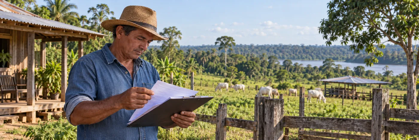 Declaração do ITR 2026 no meio rural Produtor rural consulta documentos em fazenda amazônica para declaração do ITR 2026