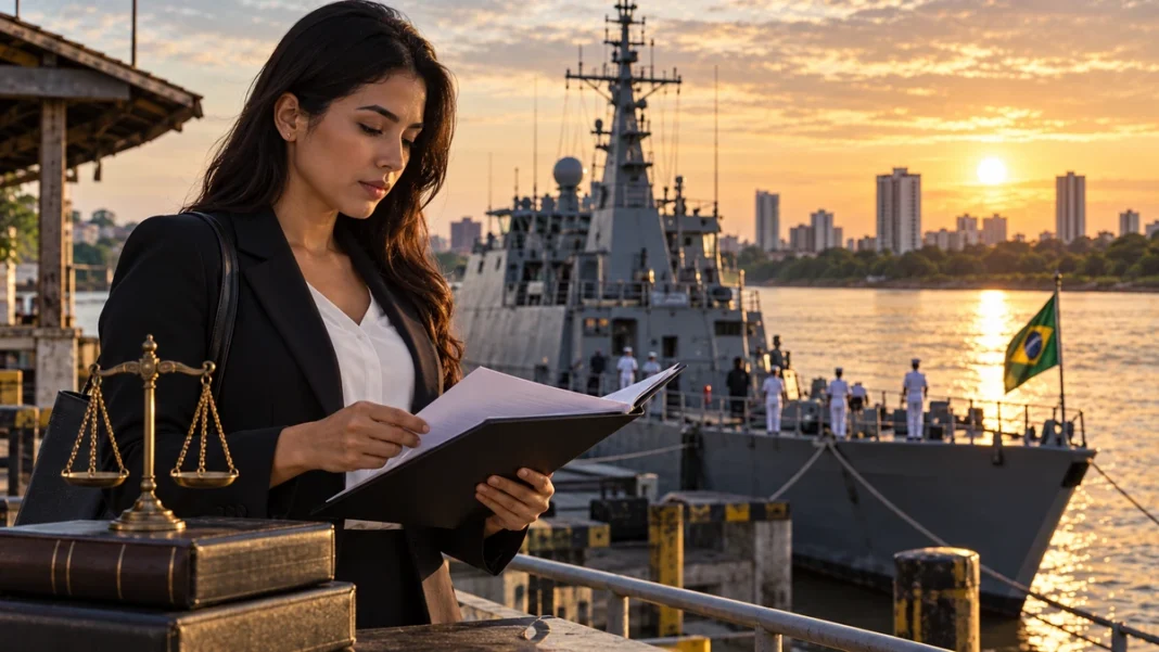 Marinha em Porto Velho abre seleção para uma vaga de Direito Composição ilustrativa de profissional de Direito analisando documentos diante de embarcação militar fictícia; não é fotografia da Marinha