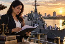 Marinha abre inscrições para uma vaga de Direito em Porto Velho Composição ilustrativa de profissional de Direito analisando documentos diante de embarcação militar fictícia; não é fotografia da Marinha