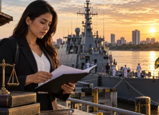 Marinha abre inscrições para uma vaga de Direito em Porto Velho Composição ilustrativa de profissional de Direito analisando documentos diante de embarcação militar fictícia; não é fotografia da Marinha
