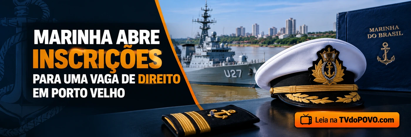 Faixa ilustrativa sobre vaga de Direito da Marinha em Porto Velho, com quepe e embarcação fictícios