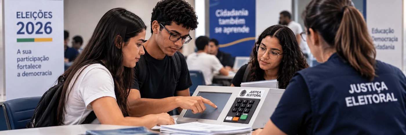 Universitários recebem orientação para atuar como mesários mesário universitário em Cacoal durante orientação com urna eletrônica