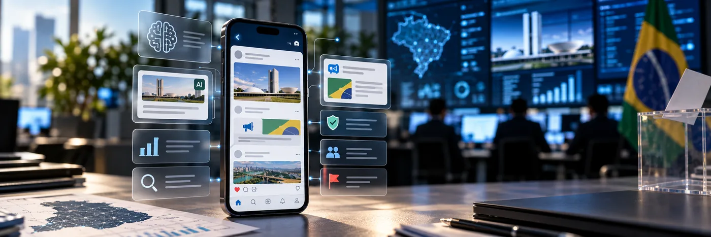 Monitoramento digital e regras da Meta nas Eleições 2026 Central de monitoramento digital com inteligência artificial e transparência de anúncios nas Eleições 2026