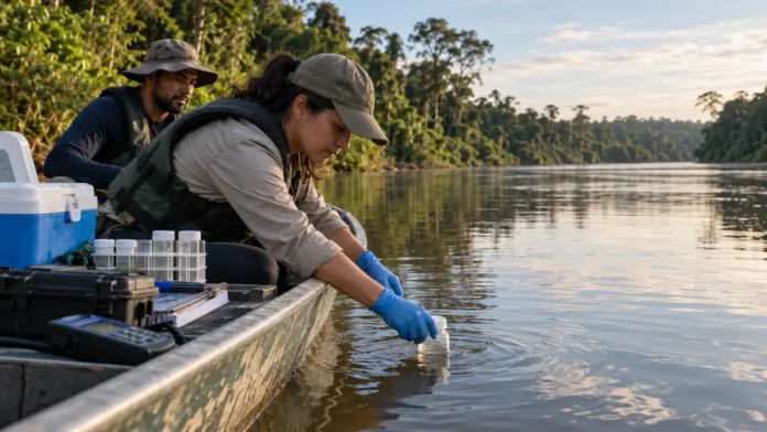 Monitoramento de mercúrio em Rondônia — coleta em rios Pesquisadores coletam amostra de água para monitoramento de mercúrio em rio de Rondônia