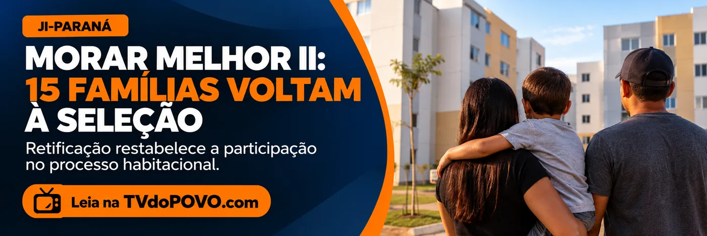Morar Melhor II — 15 famílias voltam à seleção Faixa editorial sobre Morar Melhor II com retorno de 15 famílias ao processo de seleção em Ji-Paraná
