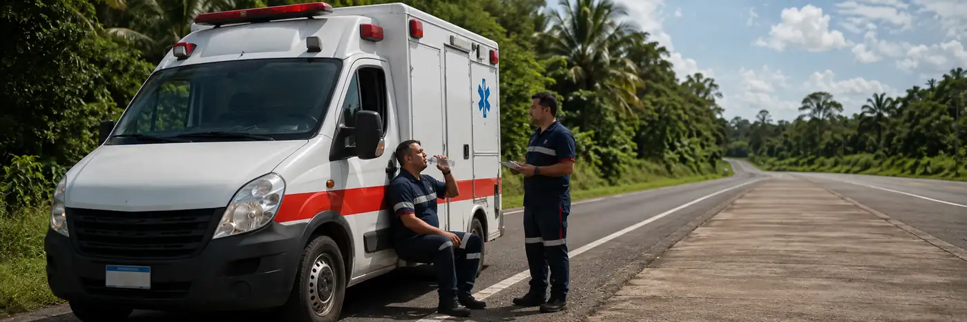 Motoristas de ambulância durante pausa à margem de rodovia em Rondônia