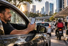 Move Brasil passa a exigir 6 meses de plataforma para motoristas de app Motorista de aplicativo usa celular no carro em matéria sobre novas regras do Move Brasil
