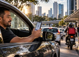 Move Brasil passa a exigir 6 meses de plataforma para motoristas de app Motorista de aplicativo usa celular no carro em matéria sobre novas regras do Move Brasil