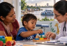 Neuropediatria no Baixo Madeira: ação acolhe 40 famílias Cena ilustrativa de criança com familiar e profissional de saúde durante atendimento pediátrico, com paisagem ribeirinha ao fundo